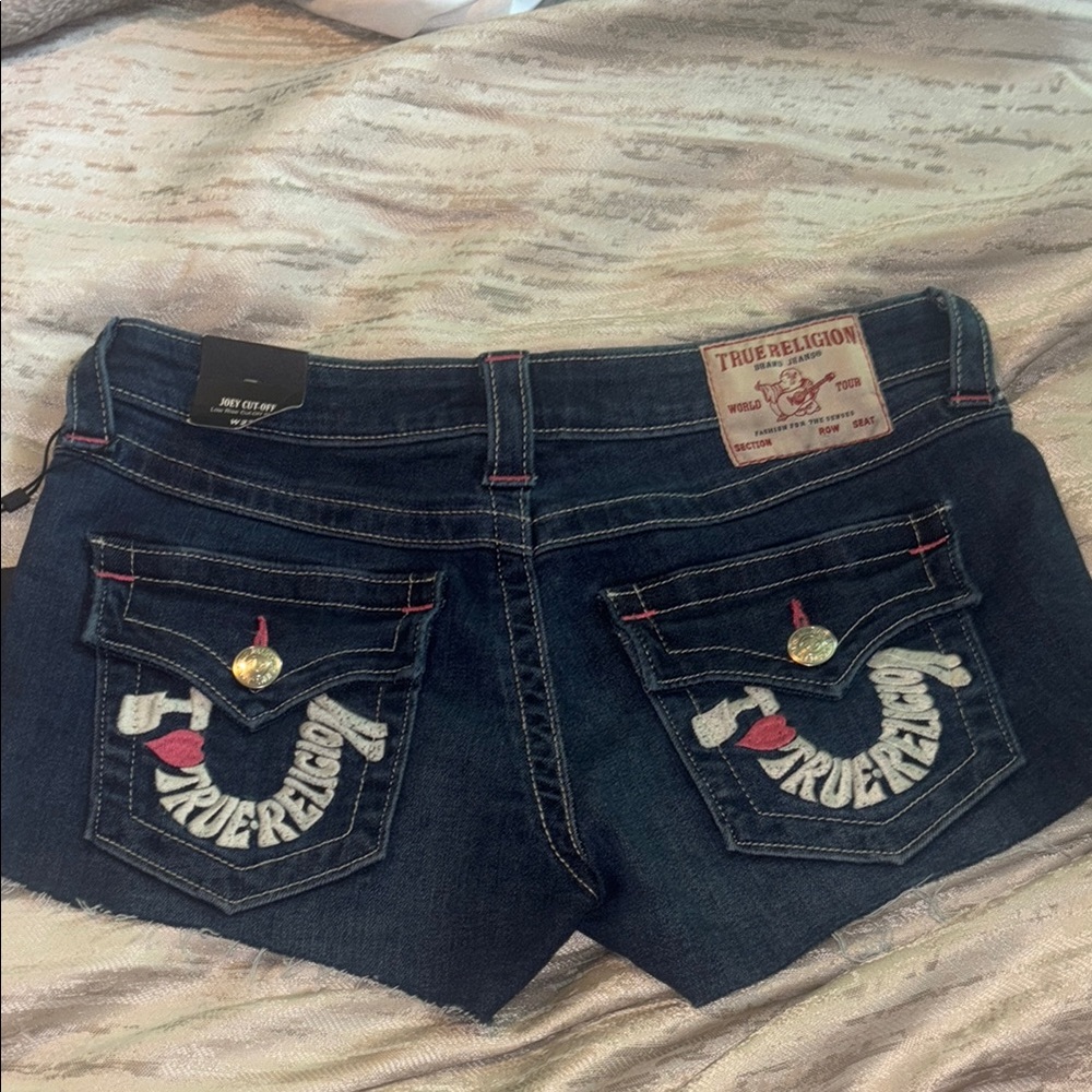 True Religion Dark Blue Shorts with Pink and White Embroidery